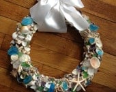 Aqua and Green Sea Glass and Sea Shell Wreath