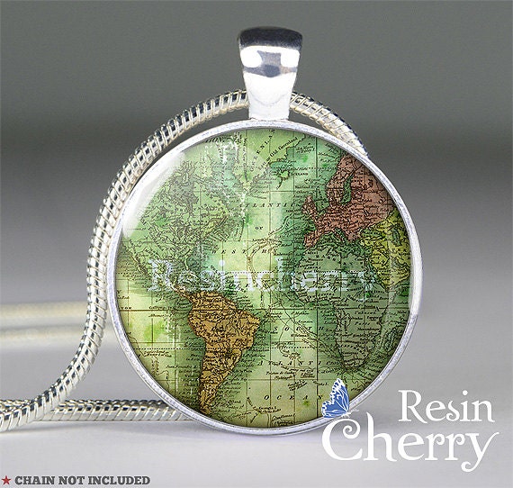 vintage World map necklace pendant, world map jewelry, world map pendant, photo pendant charm- M8010CP