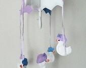 Baby Child's Cot/crib handmade Hanging felt and ribbons decoration. White mother Duck and four ducklings- Lilac, Blue and White umbrella.