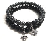 SET Of 2 STACKING Bracelet Fleur De Lis silver tone charm Hematite Glass Bead Gray Black Beaded Stretch Men Women Adjustable Fashion Jewelry
