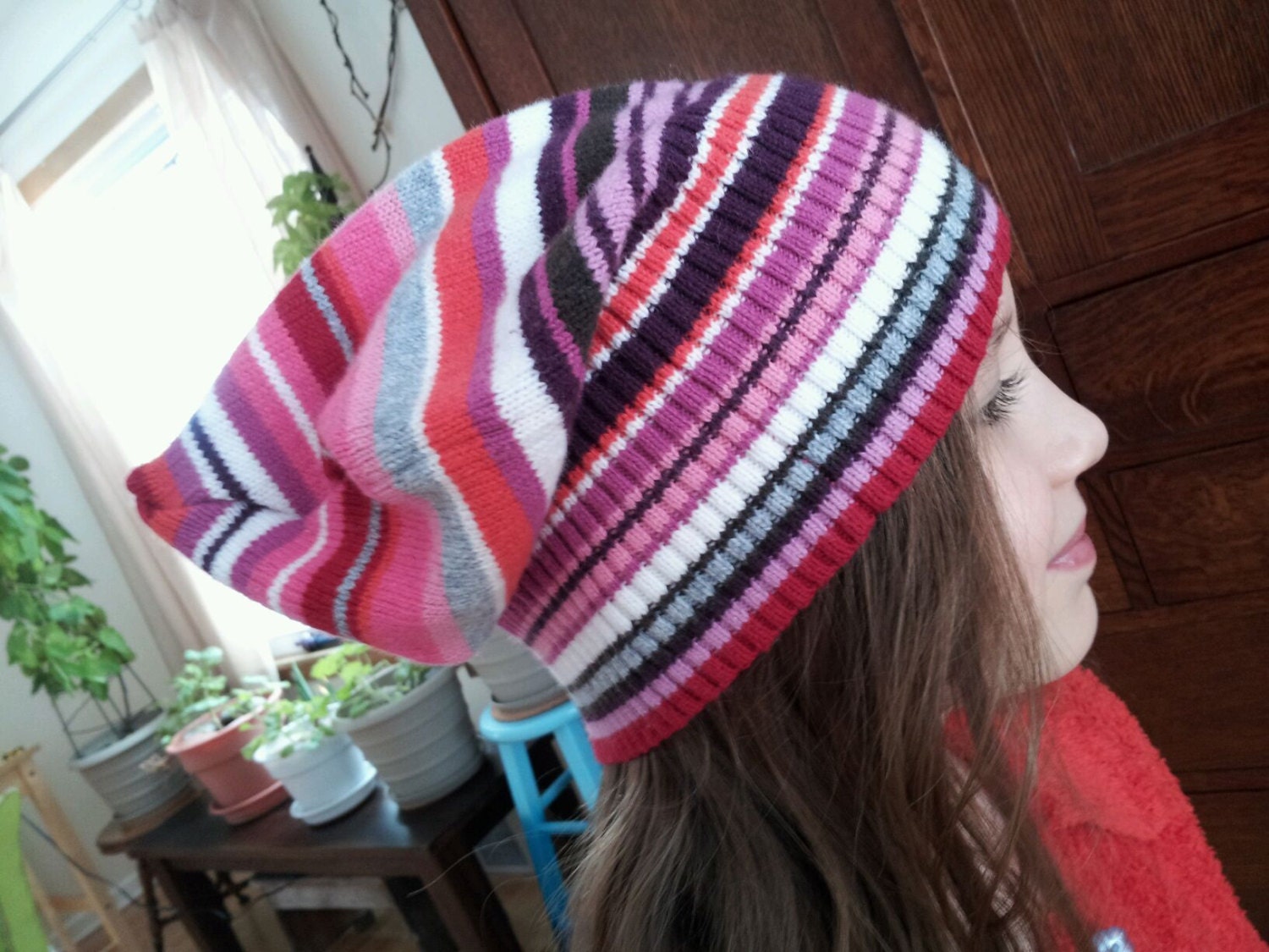 Eco-Chic Colorful Stripes OOAK, Amazingly Soft, Recycled, UpCycled Knit Sweater Boho Slouchy Hat, Beret, Dreads Beanie, Cap, Tam