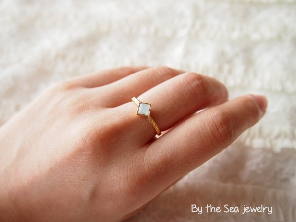 Gold square white opal ring - simple everyday ring