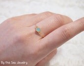 Delicate gold filled chain Ocean green Swarovski dainty bezel ring - simple everyday ring