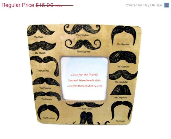 ON SALE Mustaches Picture Frame - Wooden Picture Frame Decoupaged with a fun Mustache Print - 8x8 Frame for a 3.5x3.5 Photo