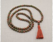 Unakite Mala Prayer Beads - Meditation Necklace, 108 Bead, Green, Rustic, Natural Gemstones, Yoga Beads