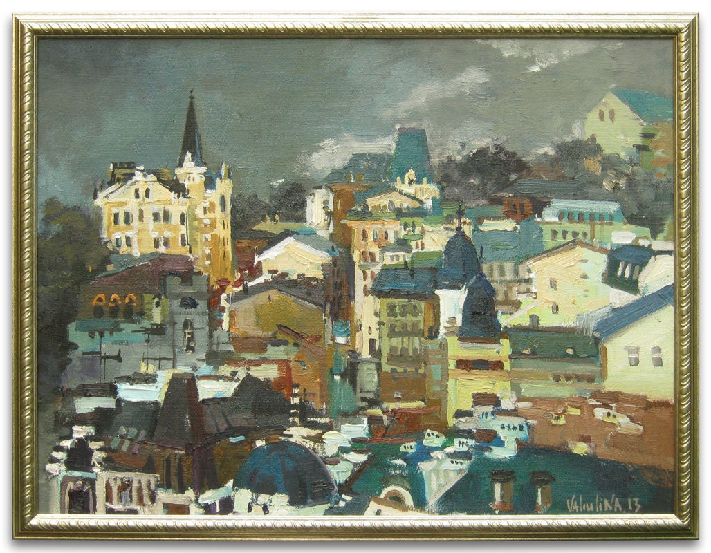 Original oil landscape painting of Kiev city in by ValArtGallery