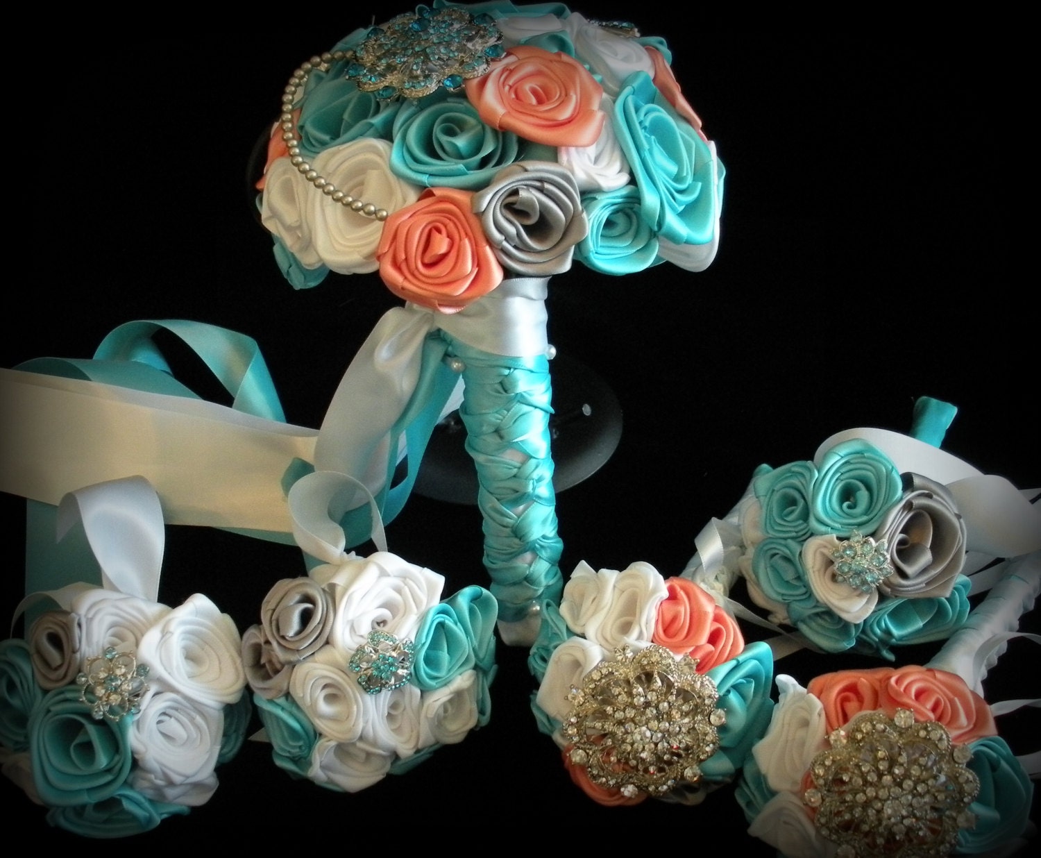 Custom Satin Rose Brooch Bridal Bouquet Six Piece Set