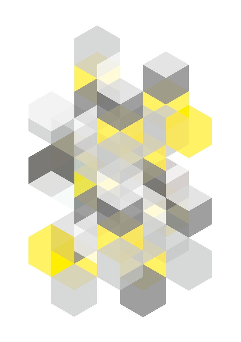 Art Print , A4, Poster, Hexagons - Yellow and Greys