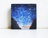 Summer Night Sky.   Oil Painting on Wood.  Small Original Artwork. Mountains.  Star Gazing.  Stars.