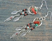 red coral and turquoise dreamcatcher earrings turquoise BLACK in native american tribal boho hippie belly dancer and hipster style