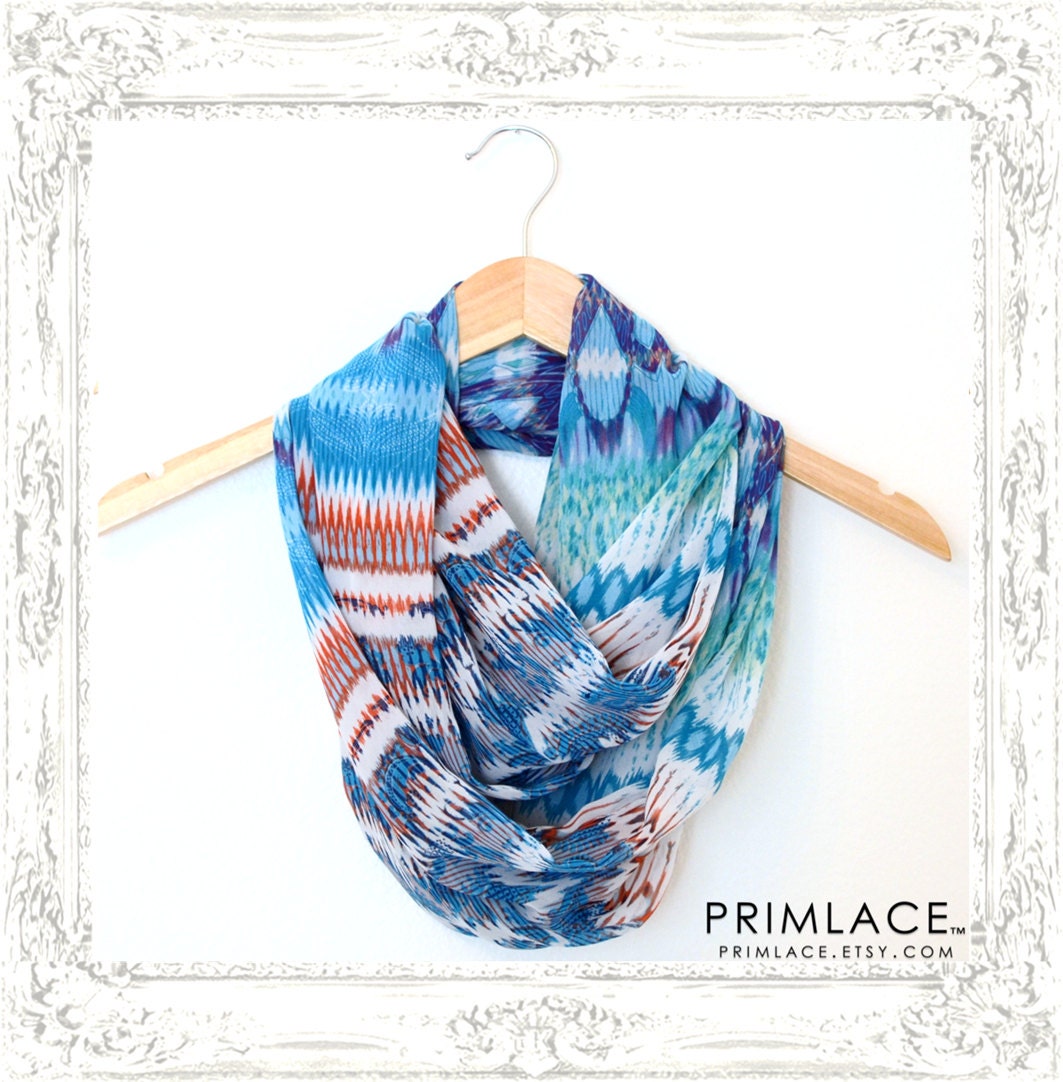 Blue Scarf, Infinity Scarf, Spring Summer Scarf 70's Bohemian Infinity Scarf Loop Scarf, Multicolored Scarves, Lightweight Scarf Aqua Teal