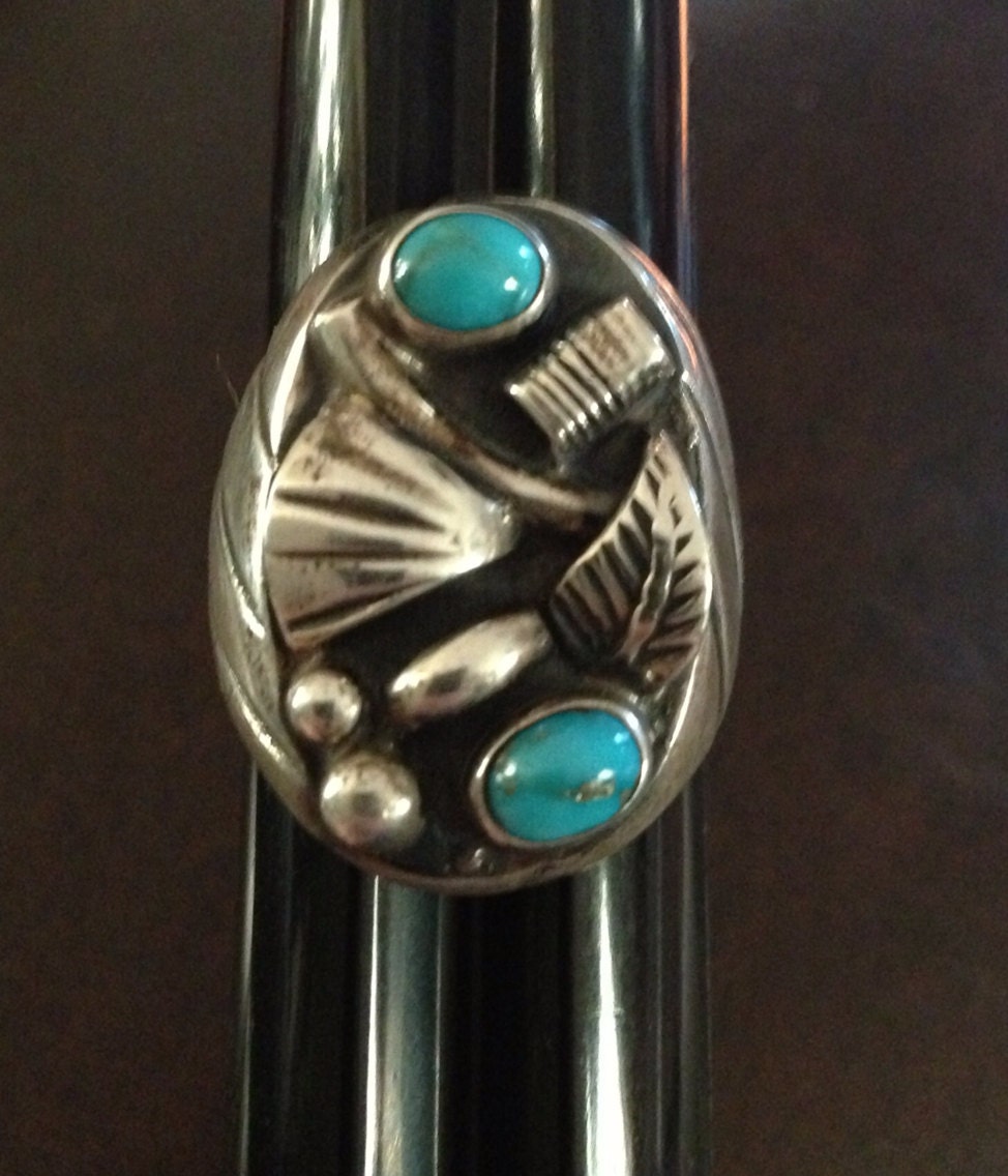 Men's Heavy Navajo Sterling Silver Turquoise Ring Size 10 Vintage