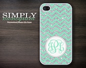 Personalized iphone 4 case - iphone 4s case - plastic or silicone rubber - mint and glittery chevron monogram design ( NOT ACTUAL GLITTER )
