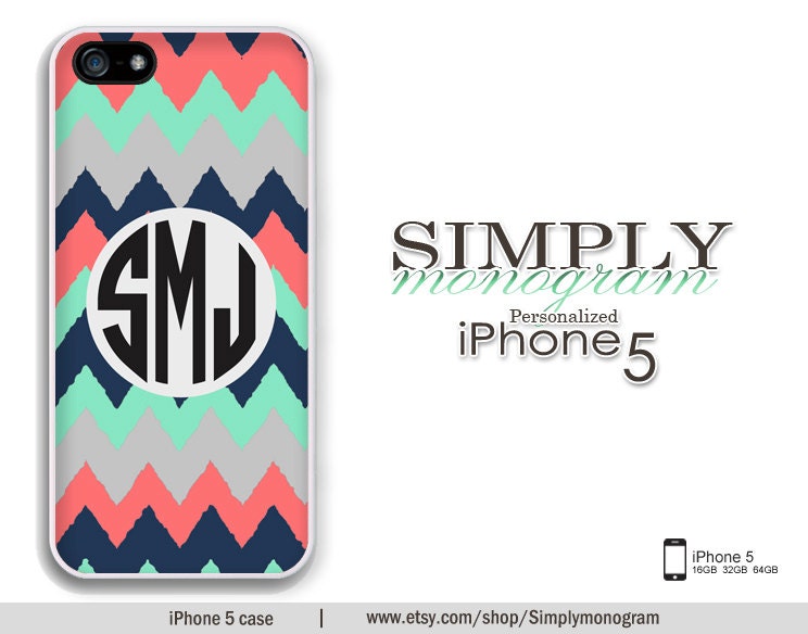 iphone 5 case - plastic or silicone rubber - chiq mint and navy grunge chevron monogram