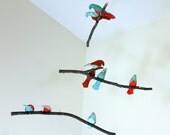 Bird Hanging Mobile- Blue Aqua / Orange Fabric Birds on natural tree branches