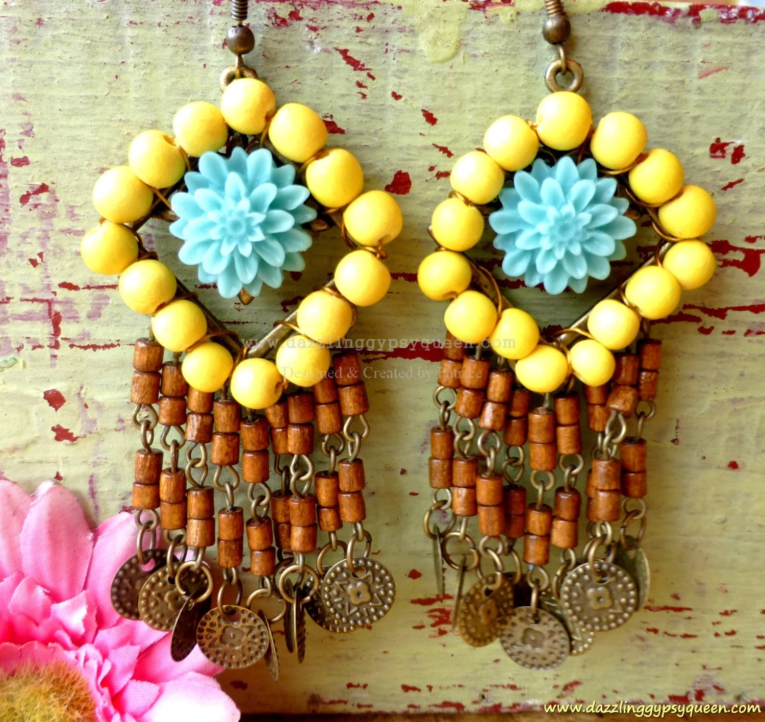 Chandelier - earrings - Turquoise & Yellow - Bohemian, African, Ibiza ooak Statement Jewelry - DazzlingGypsyQueen