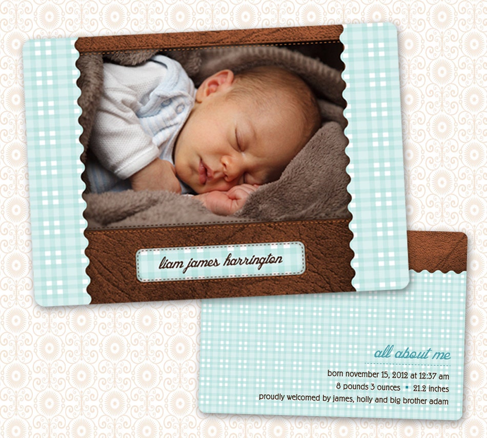 Birth Announcement - 5 x 7 Double-sided Plaid/Leather  - Digital