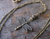 Dragonfly Necklace in Antique Bronze 27" (68cm) Textured Chain with metal filigree bead, Teen Girl Gift, Nature, Insect