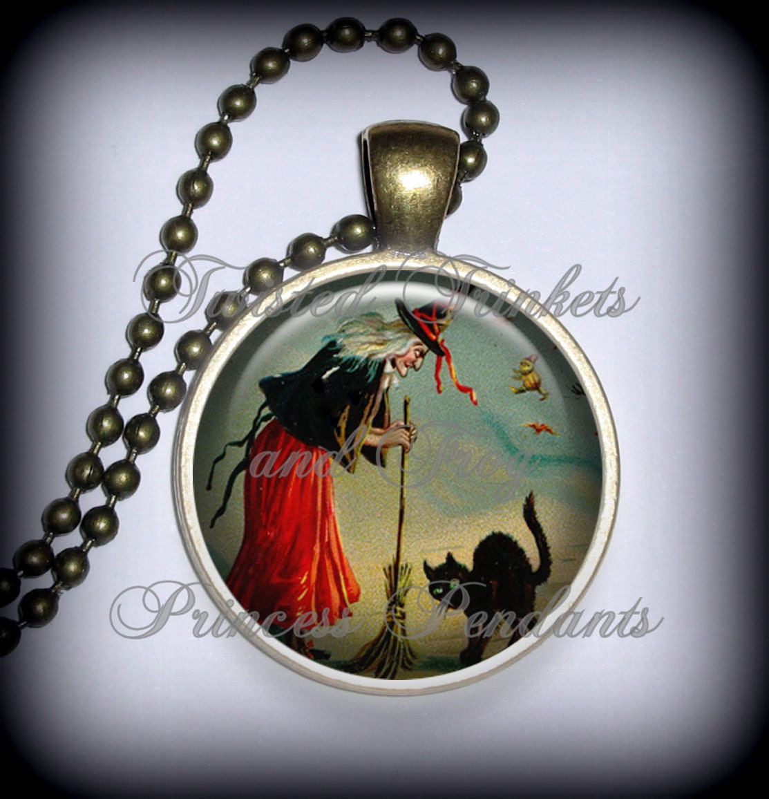 Witch Pendant Charm, Black Cat Pendant, Halloween Pendant, Necklace Pendant (p154)