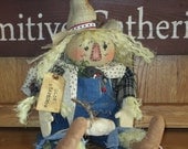 Primitive Fall / Halloween Folk Art Country Americana Scarecrow doll with crow and white pumpkin flattie"