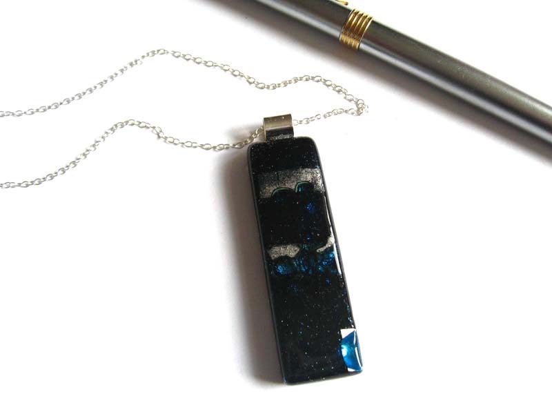 Fused glass and silver pendant - Midnight Waves, sparkling silver,Goth, glass jewelry pendant necklace NL128