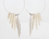 Native Inspired// Large Hoops with White Turquoise Spike Horn, Long Feather and Floral Beads, 4.25" Earrings