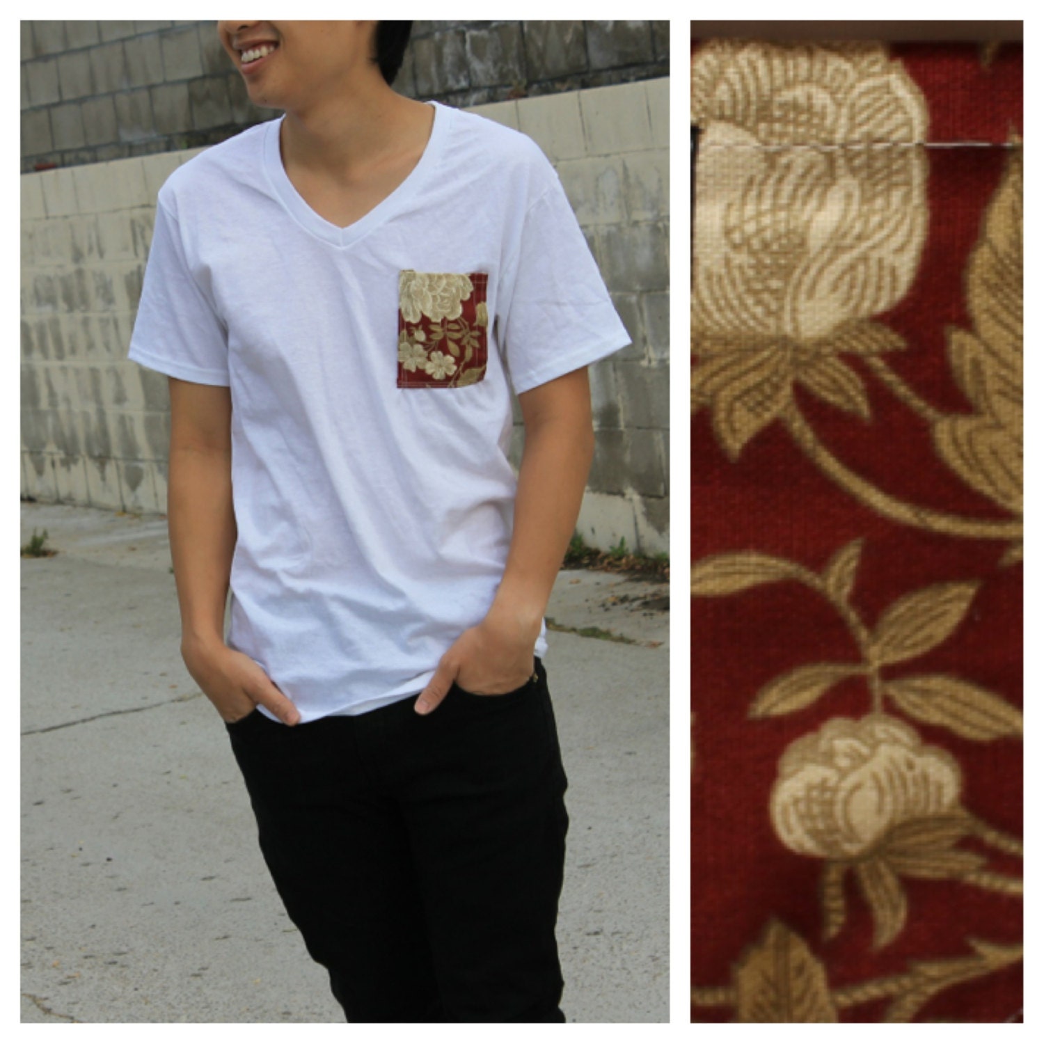 Hers Cut Off Paige's Maroon GoldenYellow Garden Flower Print Pocket Tee