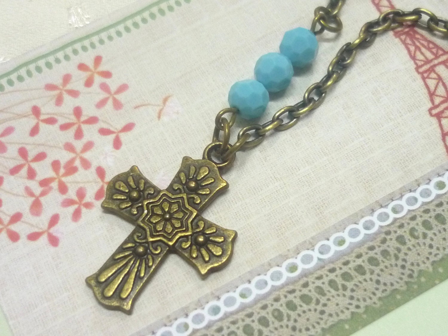 Antique Bronze Cross Charm Necklace Swarovski Turquoise Crystal Simple Jewelry