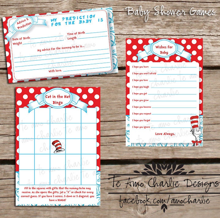 Printable Dr. Seuss Cat in the Hat Baby Shower Games - Wishes for Baby - Cat in the Hat Bingo - Advice & Predictions