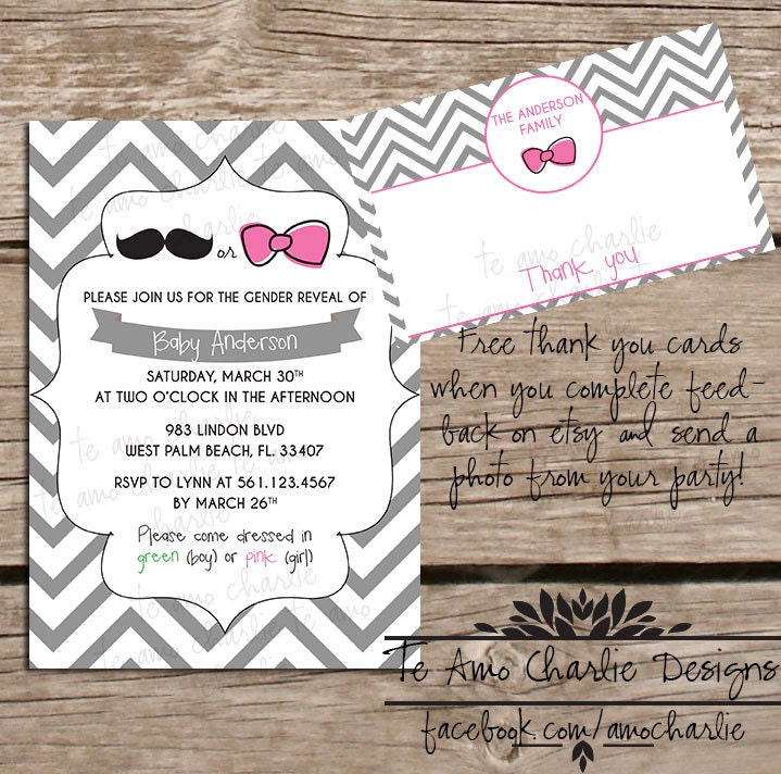 Printable Beau or Bow Unisex Gender Reveal  Invitations - Free Thank You Cards - Baby Shower Invitations