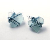 Light Blue Heart Shaped Sea Glass Earrings Wrapped with Sterling Silver and Teal Wire on Sterling Silver Ear Wires