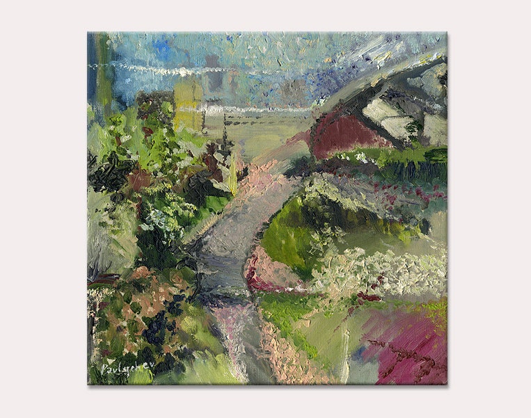 Original Painting - Abstract Small Landscape - The Park - Contemporary Modern Art - Wall Hanging Oil on Canvas - 15.7x15.7 inches (40x40 cm)