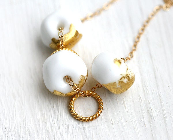 Golden necklace, white lampwork glass beads on gold filled chain, simple, modern, jewelry by MayaHoney