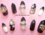Black Gold and white stiletto 3D Nails Designer inspired 3D False/Fake Nail Glam Gyaru