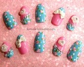 Kawaii sweet pink & blue roses and polka dots false/fake nails  3D Acrylic Nail Art