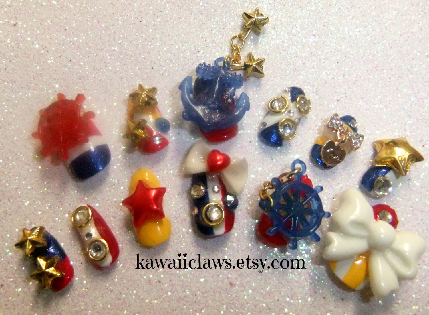 Nautical Themed V2.0 3D deco nails with star dangle chain acrylic art full false/fake Japanese 3D nail sailor lolita kawaii gyaru