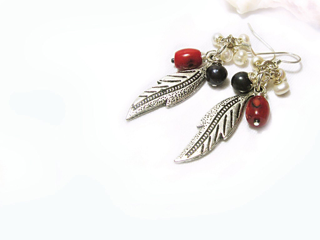 White & Cobalt blue pearl earrings  USA flag colors Red coral with silver leaf Patriotic colors dangle earrings Israeli
