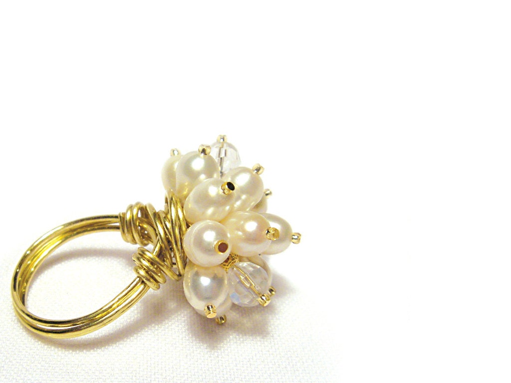 White pearl ring Crystal ring Beaded ring Cocktail ring Gold pearl ring Wire Wrapped gold wire OOAK Israeli jewelry