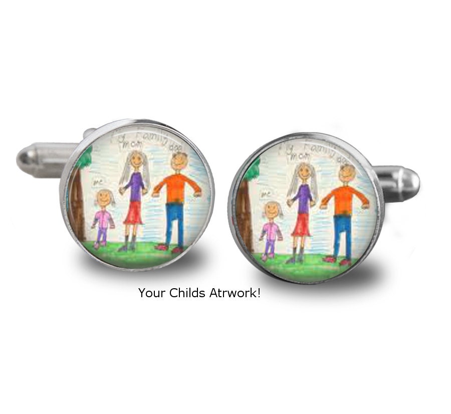 Your Childs Artwork Featured on Silver Custom Cuff Links Artisan Made in USA Gift Boxed For Dad and Grandpa
