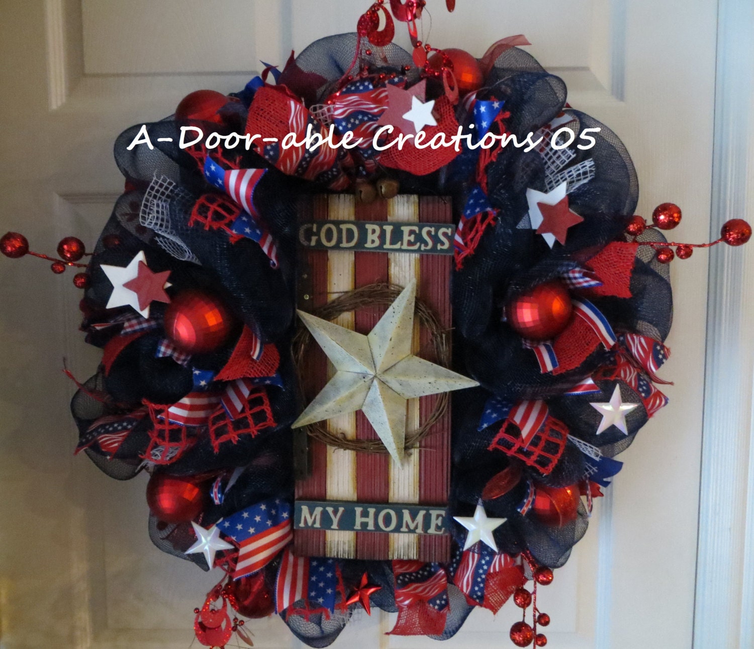 10.00 Off..Use Coupon Code during checkout..God Bless My Home..Patriotic Mesh Wreath