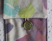 handpainted vintage  spun silk fabric purse pouch wallet floral pink mauve green business card holder