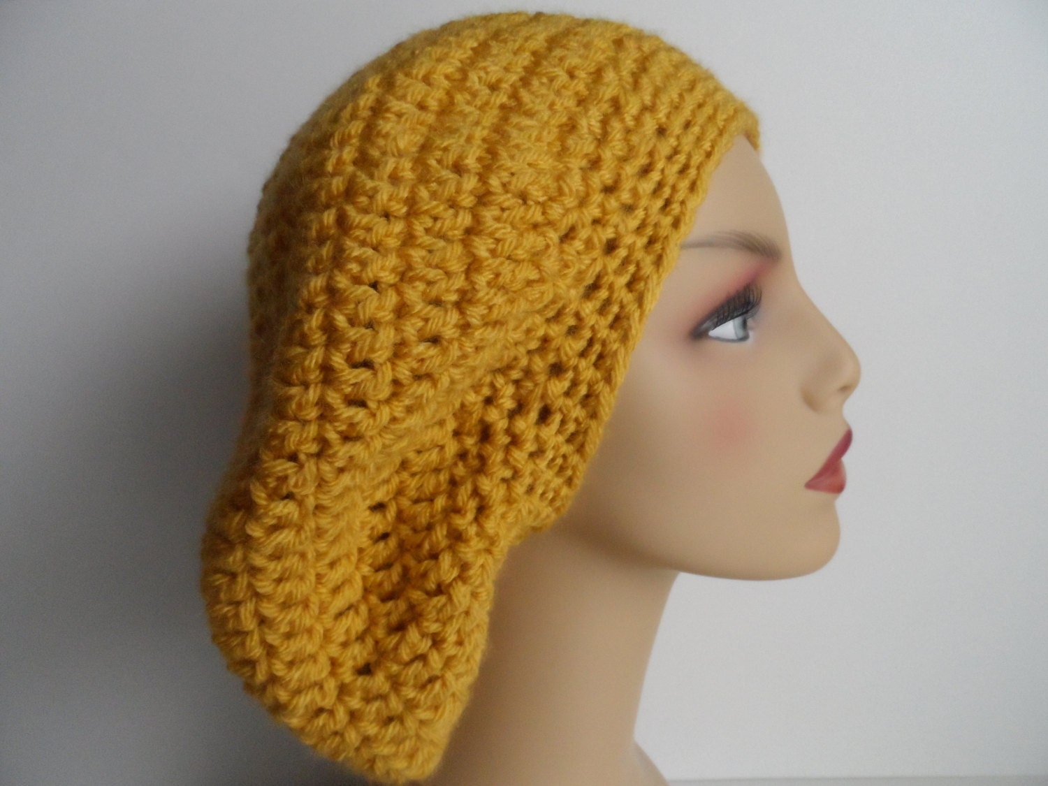 Crochet slouch hat, tam, beanie, beret in mustard yellow, women, teen super slouchy, matching detachable flower