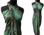 BATIK Beach Sarongs, Bali Sarong, Beach Cover up, Large Shawl, Batik Pareo, HANDMADE, Green, Rayon, Size 47 x 71 inches.