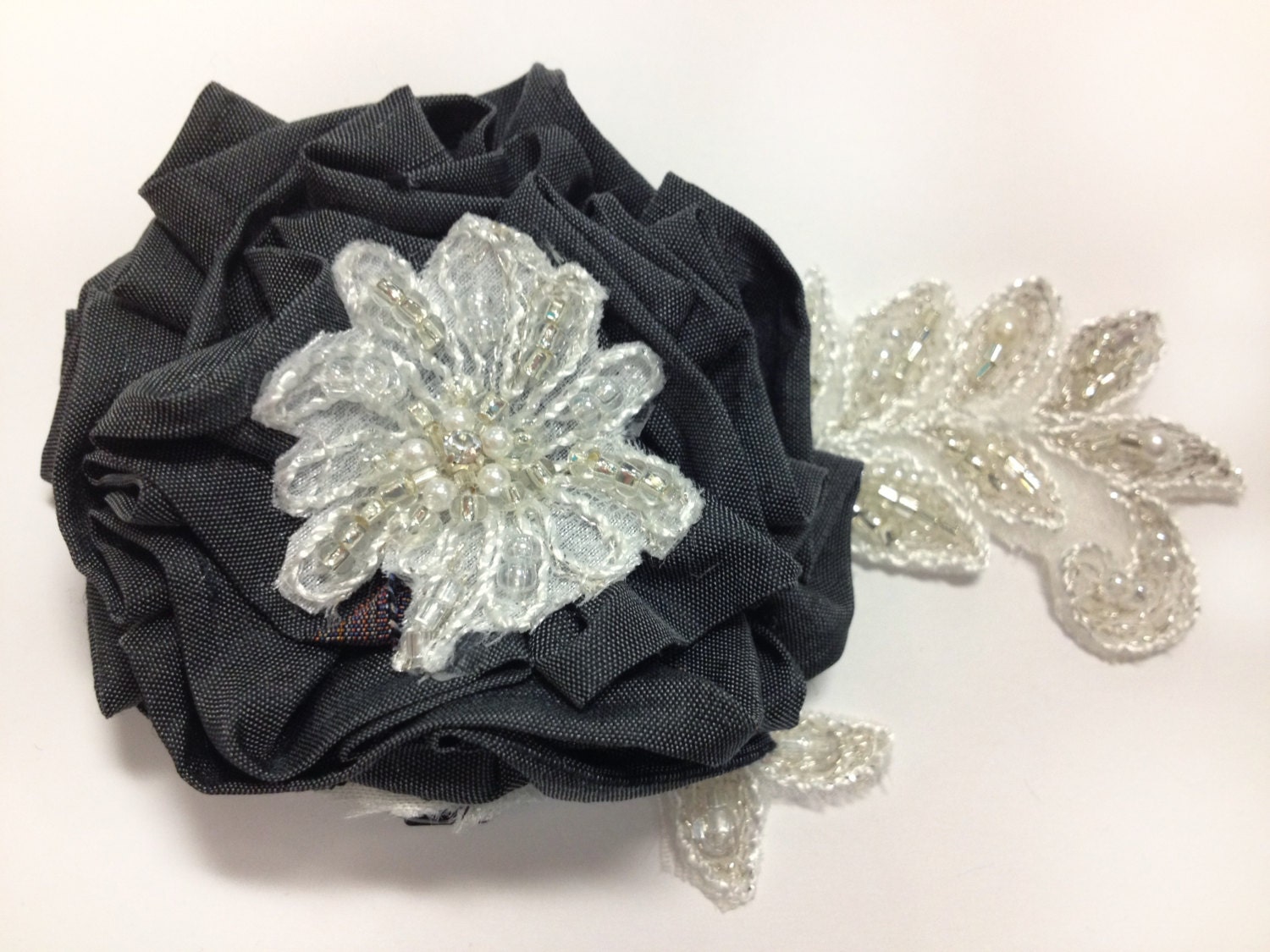 Eco Silk Hair Flower - w/ Rhinestone, Beads, Pearls, all from Recycled Wedding Dress Fabric