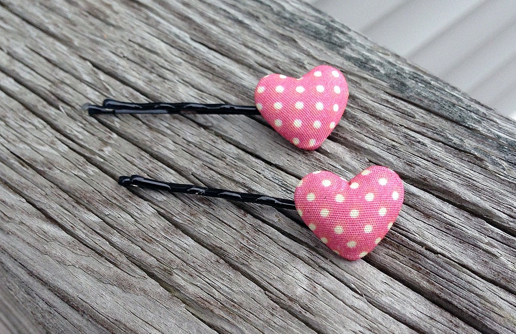 Adroable Pink & Cream Polka Dot Heart - Bobby Pin Hair Accessory - Girls Baby Cute Gift