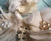Set of 4 Handmade Fabric Flowers, Linen & Lace Fabric Flowers, Rustic Weddings, Wedding Decorations, Mason Jar Appliqués, Embellishment 