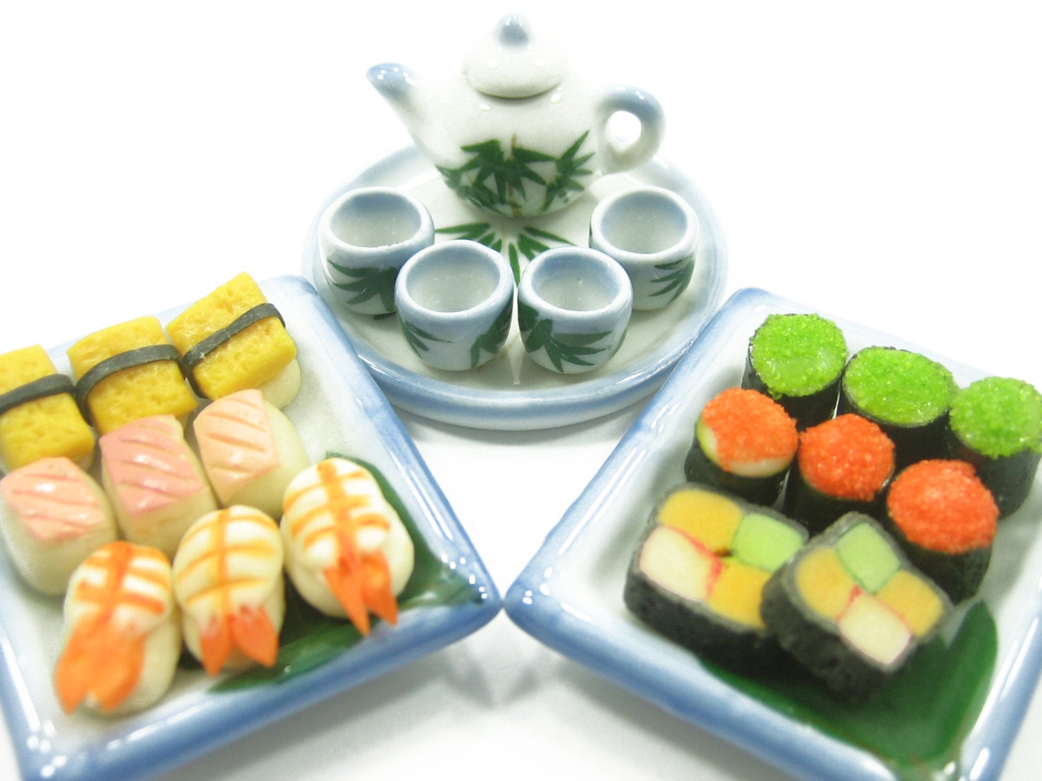 Dolls House Miniature Food Japanese Sushi Tea Set On Ceramic Plates Type H Supply Deco - 6342
