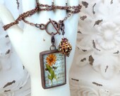 FRIEND, COPPER, Handmade Soldered Pendant (Med), Charm, and Necklace, Yellow Daisy, Copper, Crystals