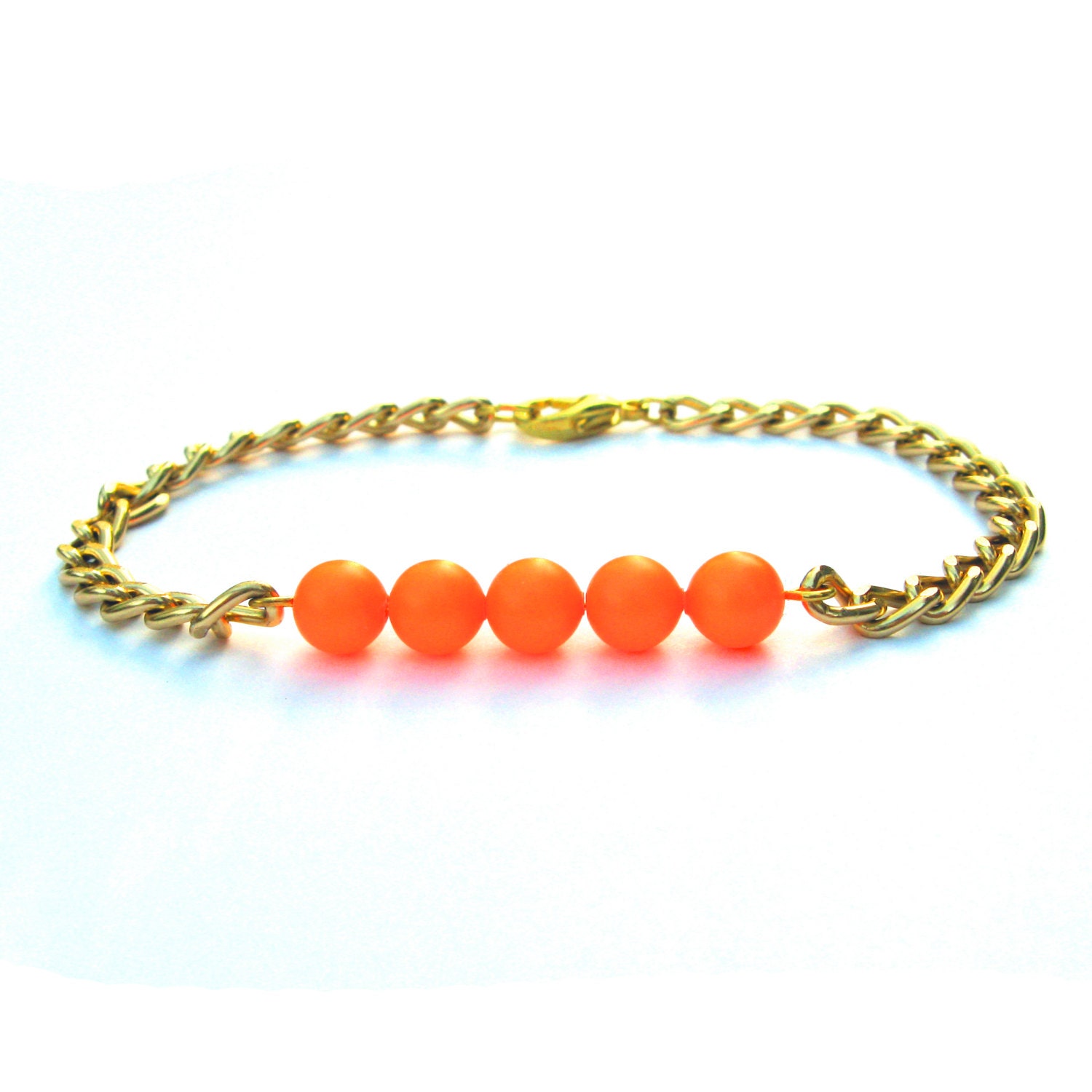Spencer Arm Candy Neon Orange Pearl Bracelet Swarovski Elements Crystal Pearl Delicate Bead Bracelet Petite Gold Chain Bracelet Arm Candy