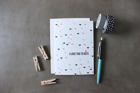 I love you to bits Card with Black, Mint and Red Geometric Triangles Pattern